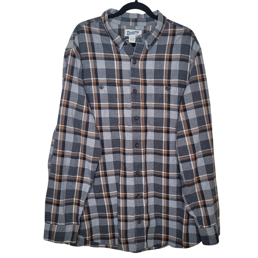 Duluth Trading Co Gray Flannel Shirt Men's 2XL Tall Slim Fit 100% Cotton Outdoor